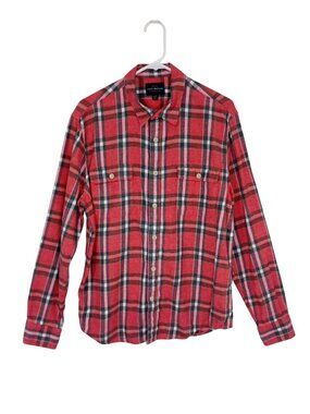 Lucky Brand Red Plaid Button-Up Flannel Shirt L 100% Cotton Mens